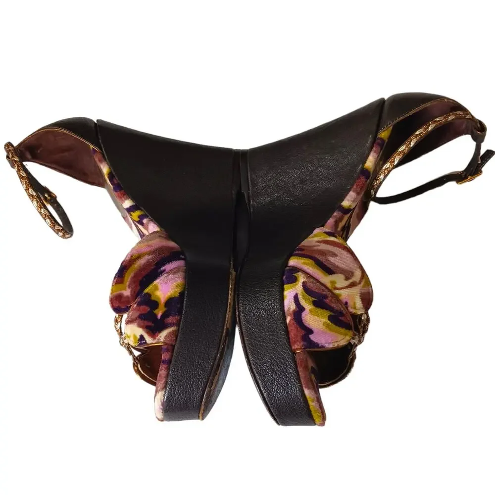 MISSONI Colorful Velvet Heel Sandal 35 High Wedge Ankle Straps Purple Green Gold